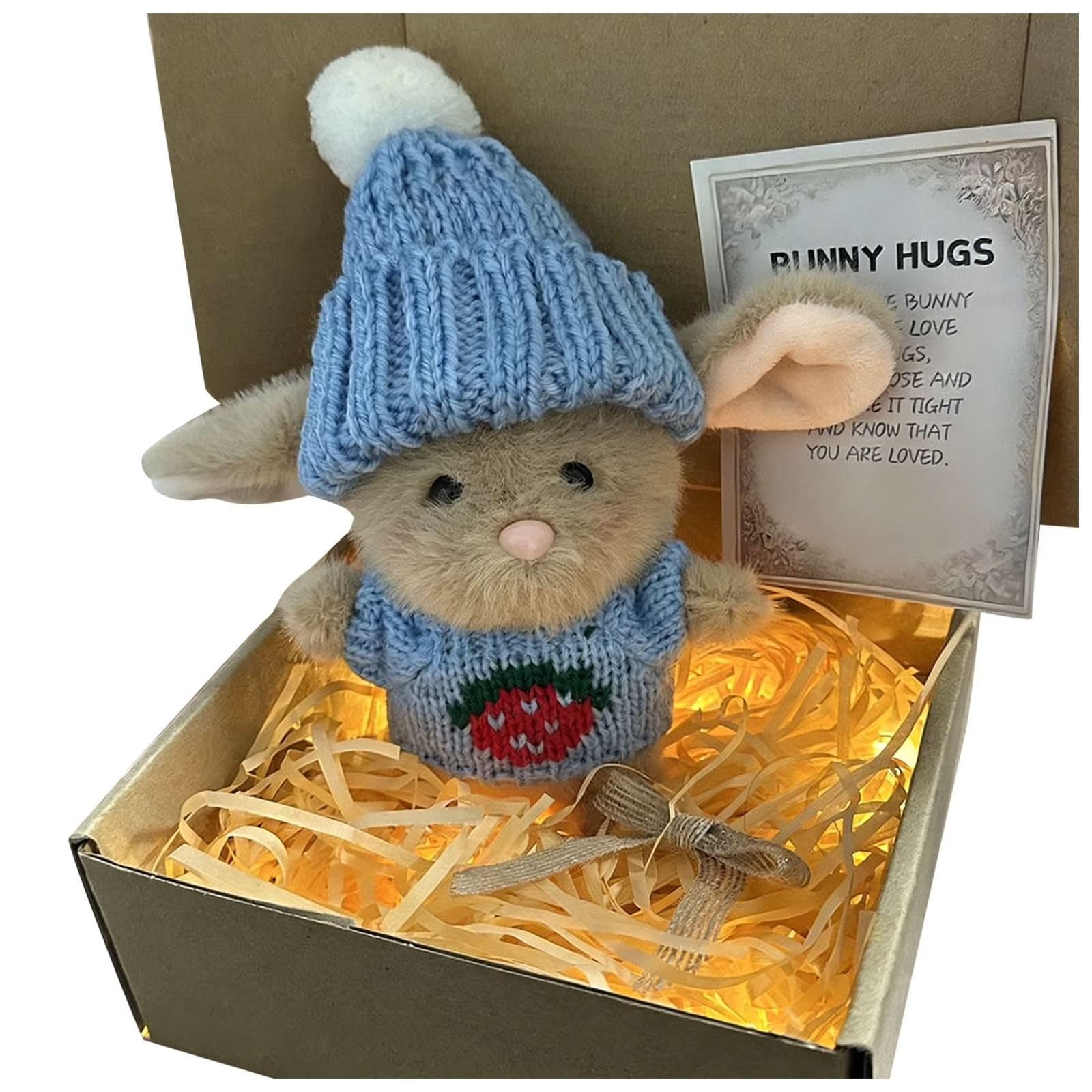 Mini Bunny Hug in a Box, Mini Bunny Hug Cute Easter Gift, Cute Easter Rabbit Doll with LED Light, Lovely Crochet Bunny Ornament, Warm Hugging Rabbit Decor for Home(Blue, 18 * 10cm)