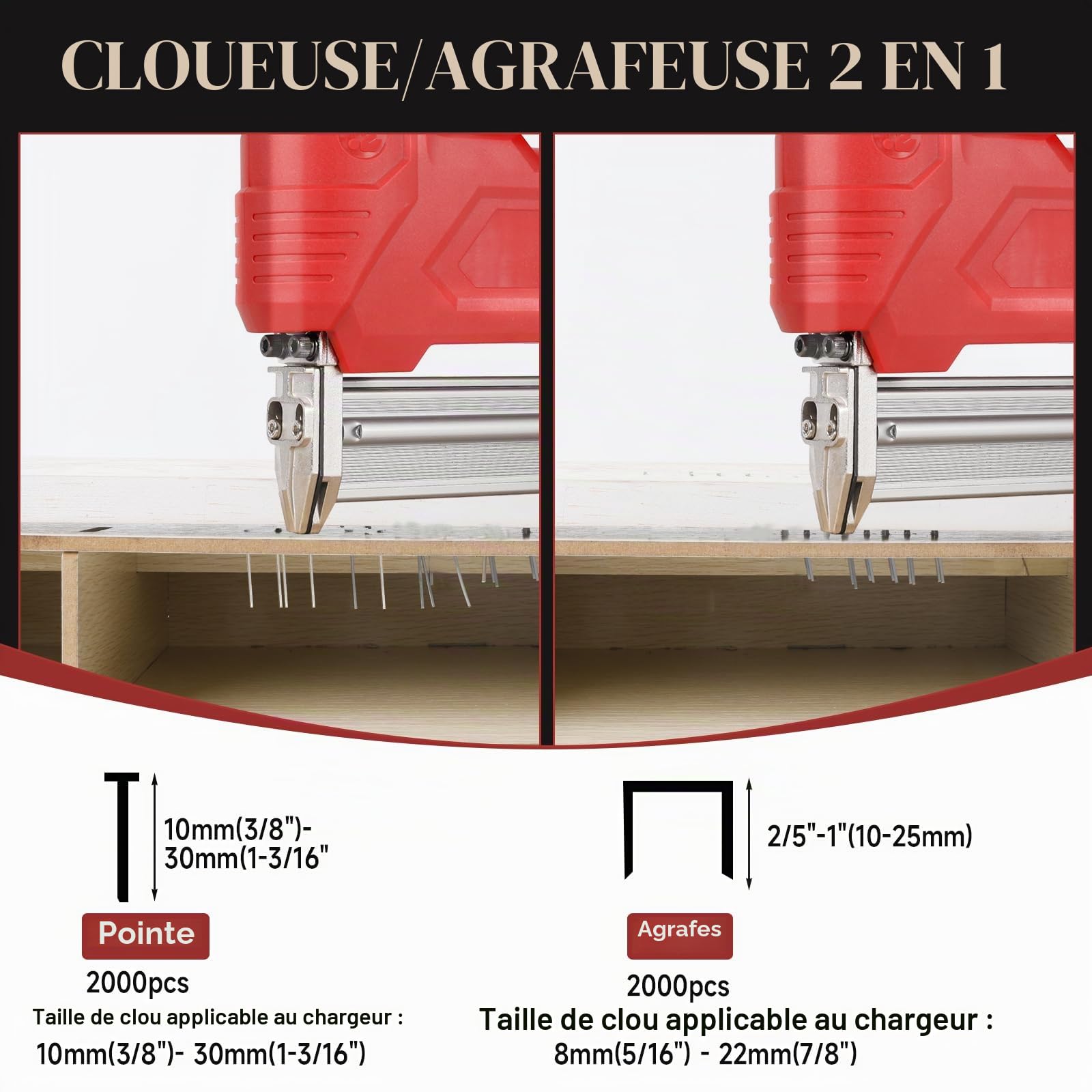 Agrafeuse électrique 18GA 2 en 1, Cloueuse Electrique Sans Fil avec 2000 clous, 2000 agrafes, 21 V 2 x 2,0 A batteries pour menuiserie en bois