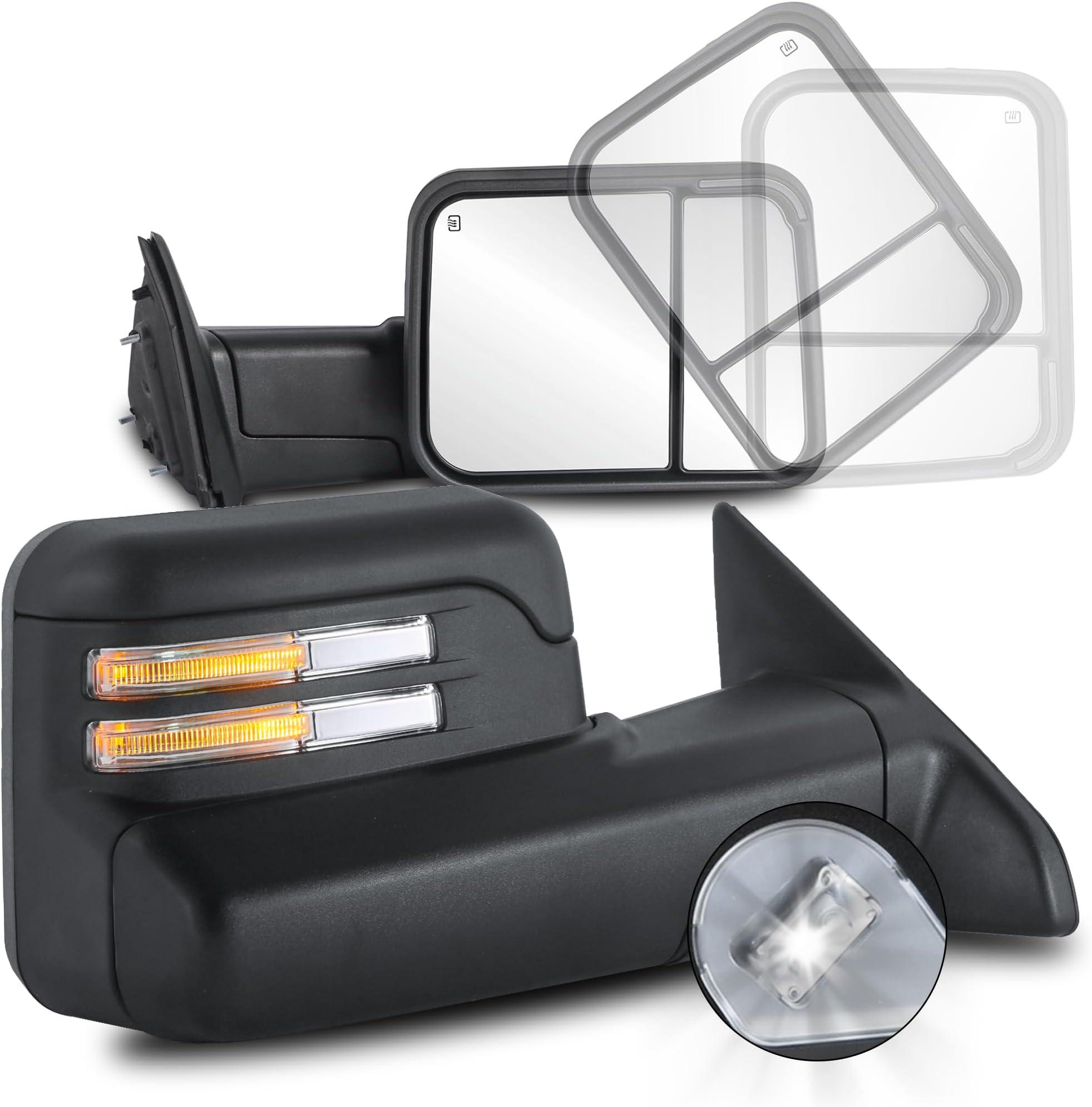 Pair Black Power Heated Towing Mirrors Compatible for 2009-2018 Dodge Ram 1500 ( 19-24 Classic Only)/ 2010-2018 2500 3500 Bar Light