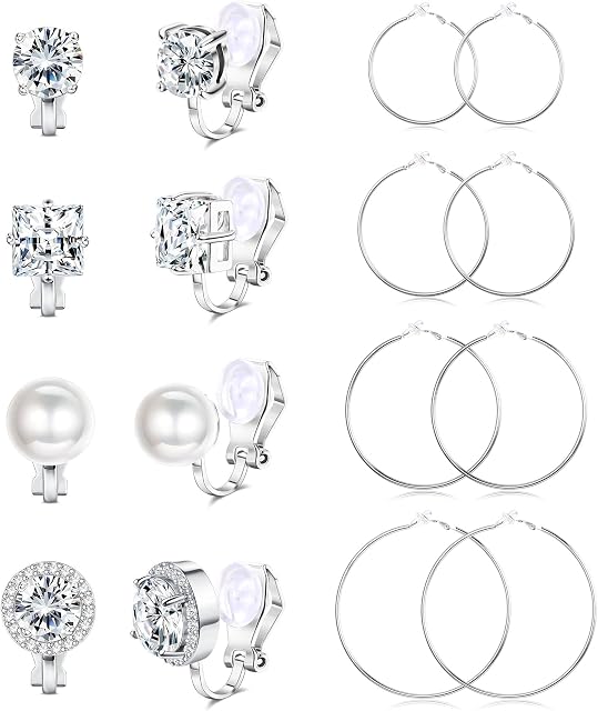 Kakonia 8 Pairs Clip On Earrings For Women Fashion Clip On Hoop Earrings CZ Pearl Clip Stud Earrings Silver Gold Women Clip On Earrings Set Non Pierced Fake Earrings