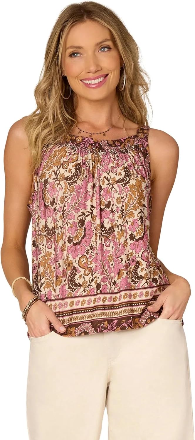 Smocked Scoop Neck Hi-Low Hem Border Print Petite Knit Tank Top