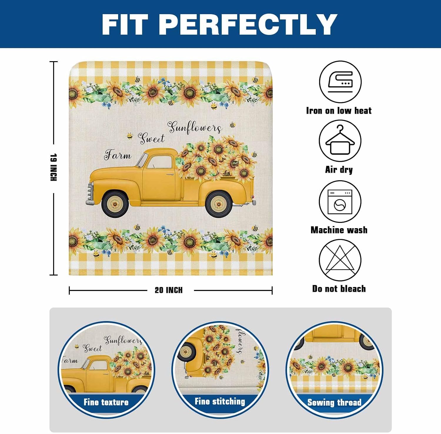 4Pack Dining Room Chair Back Covers Farm Yellow Trucks Sunflowers on Linen Stretch Spandex Chair Cover Washable Slipcovers, Vintage Floral Leaf Removable Furniture Protectors for Home Kitchen Party