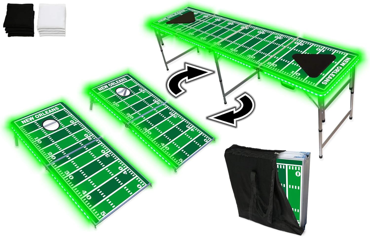 2-in-1 Cornhole Boards & Beer Pong Tailgate Table w/Multi-Color LED Lights - New Orleans Football Field