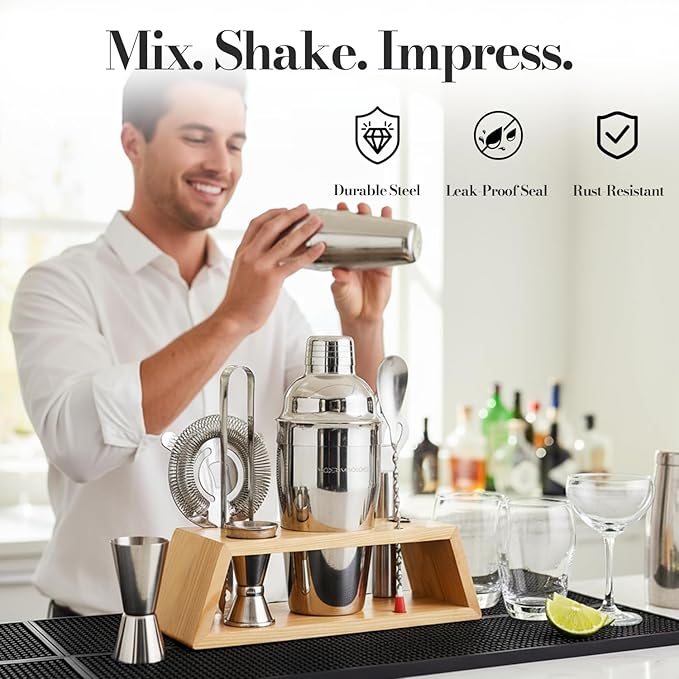 Set de Coctelera Profesional de Acero Inoxidable con Soporte de Bambú - 10 Piezas miniatura 3