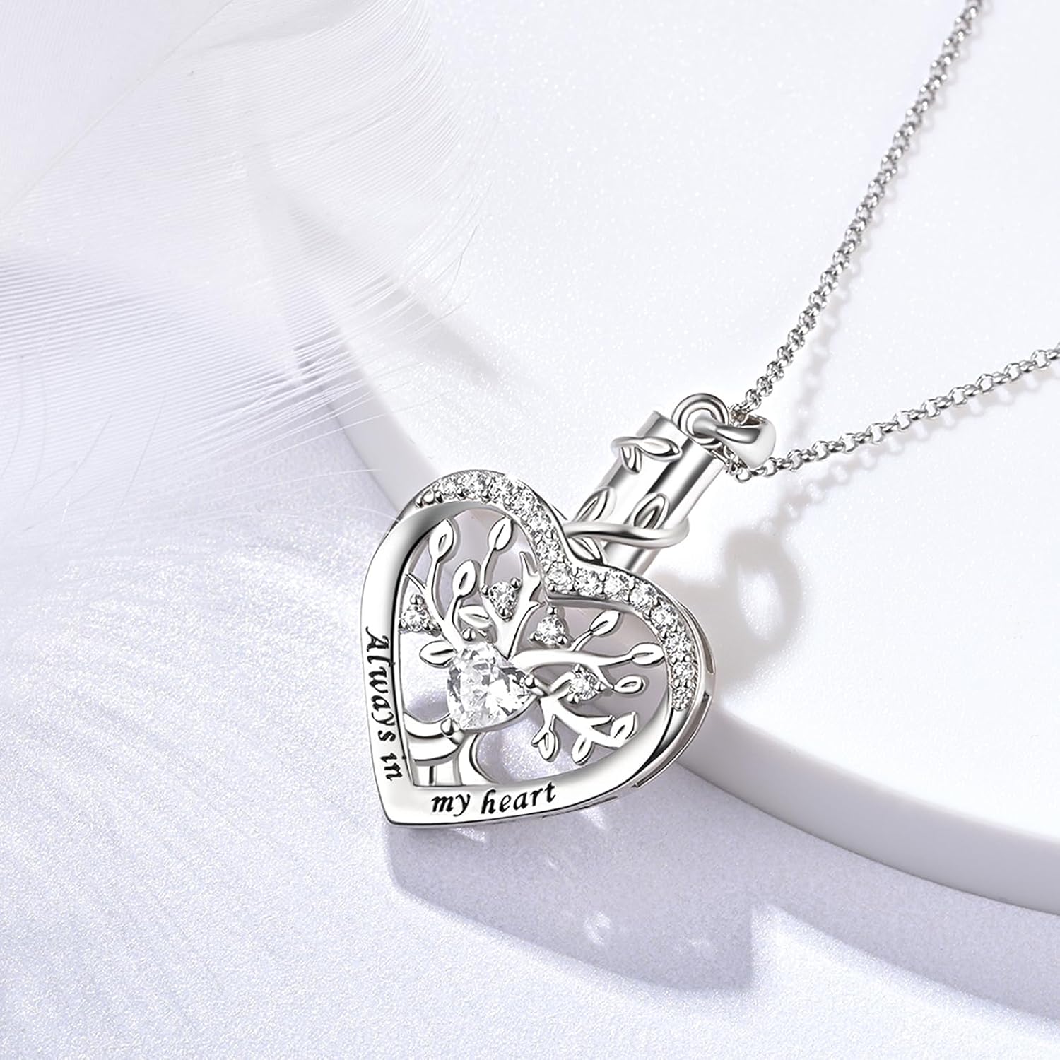 Sterling Silver Tree of Life Heart Urn Necklaces for Ashes - Cremation Memorial Jewelry Keepsake Pendant Necklace with Birthstone - Apr - Image 3