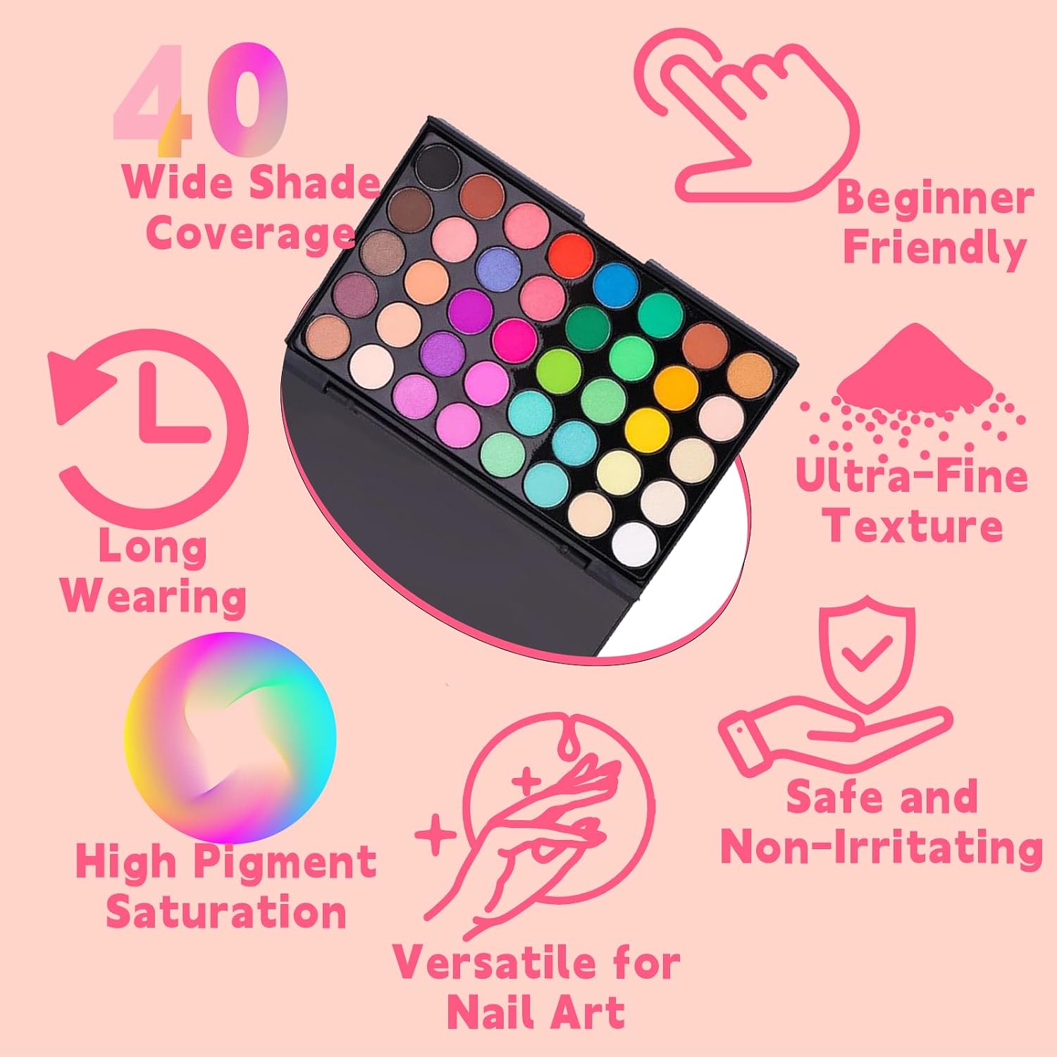 HAIOLORPRO Pigment Powder for Nails 40 Colors Set, Colorful Nail Pigment Powder Palette with Iridescent Shades for Ombre & Bold Manicure, Home Salon DIY Nail Art Supplies