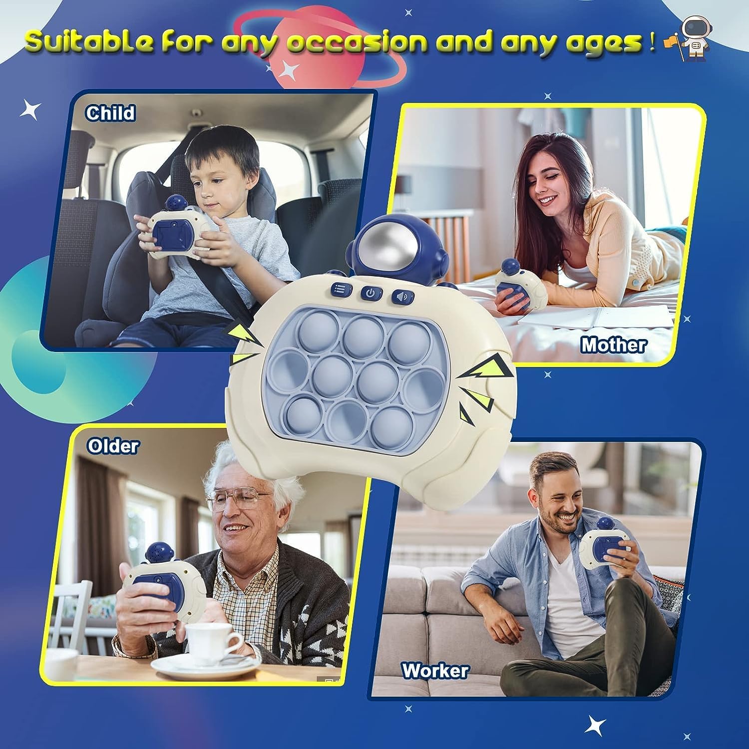 Quick Push Pop Game It Fidget Toys Pro for Kids Adults, Handheld Game Console Puzzle Game Console Machine, Push Bubble Stress Toy, Relief Party Favors, Gifts for Boys and Girls (Blue Astronaut)