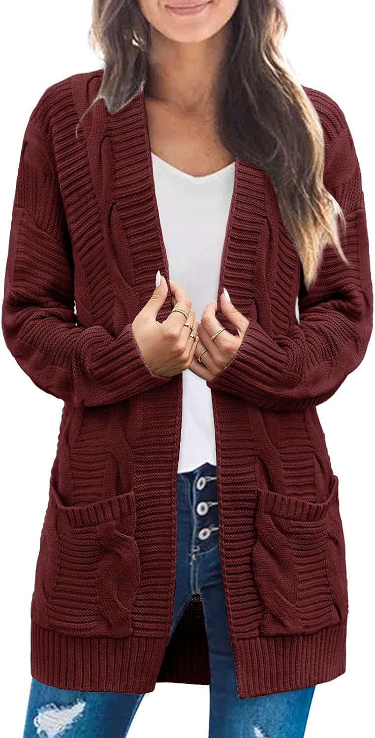 MEROKEETY Women's 2025 Long Sleeve Cable Knit Cardigan Sweaters Open Front Fall Outerwear Coat Pockets