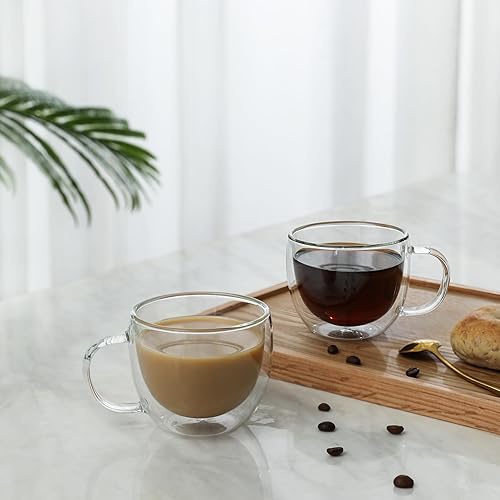 Miniatura 8 de CNGLASS Tazas de cristal de doble pared de 8.1 onzas, taza de café de vidrio aislado transparente con asa para expreso, café con leche, té, juego