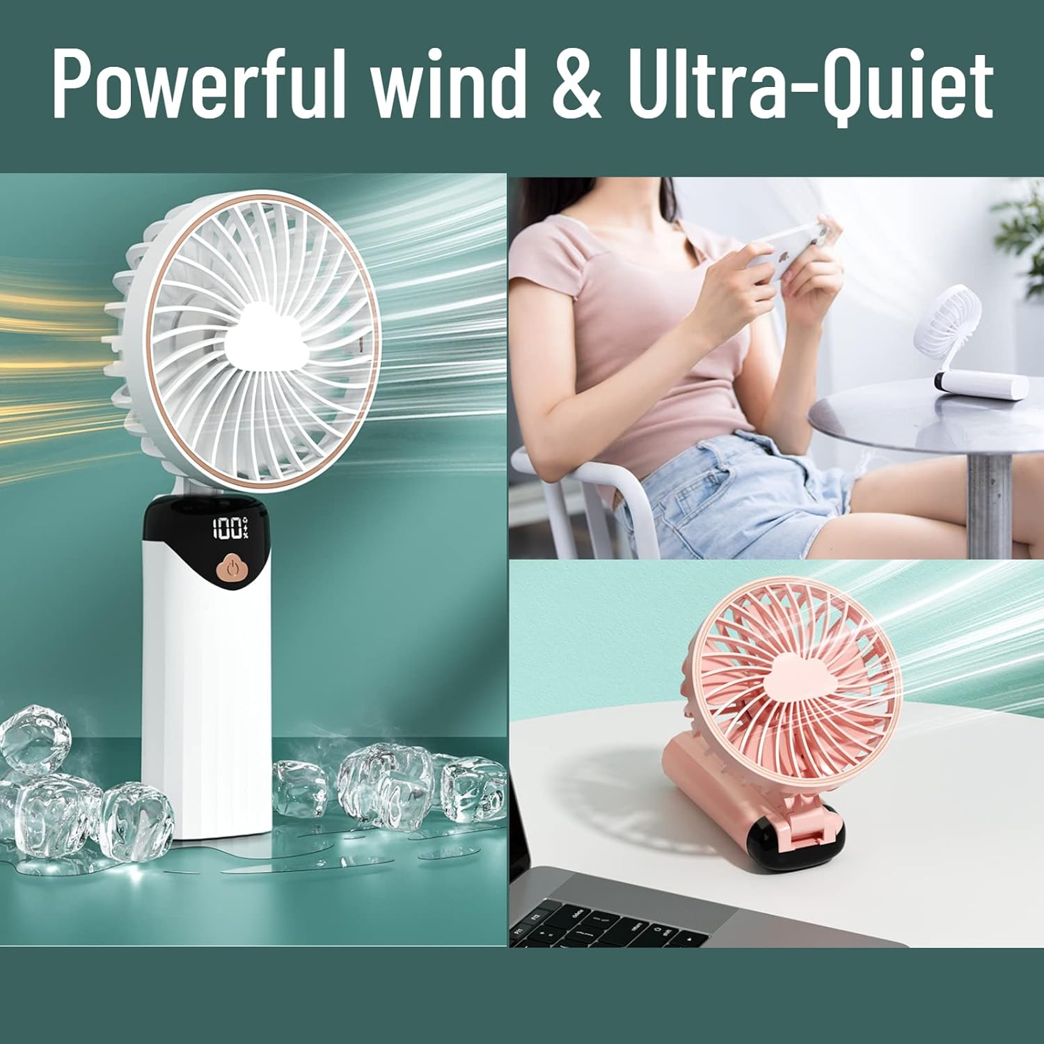 Handheld Fan Portable Multifunction Personal Fan Digital Display 5 Speed Foldable Desk Fan with Base Lash Makeup Outdoor Travel (White)