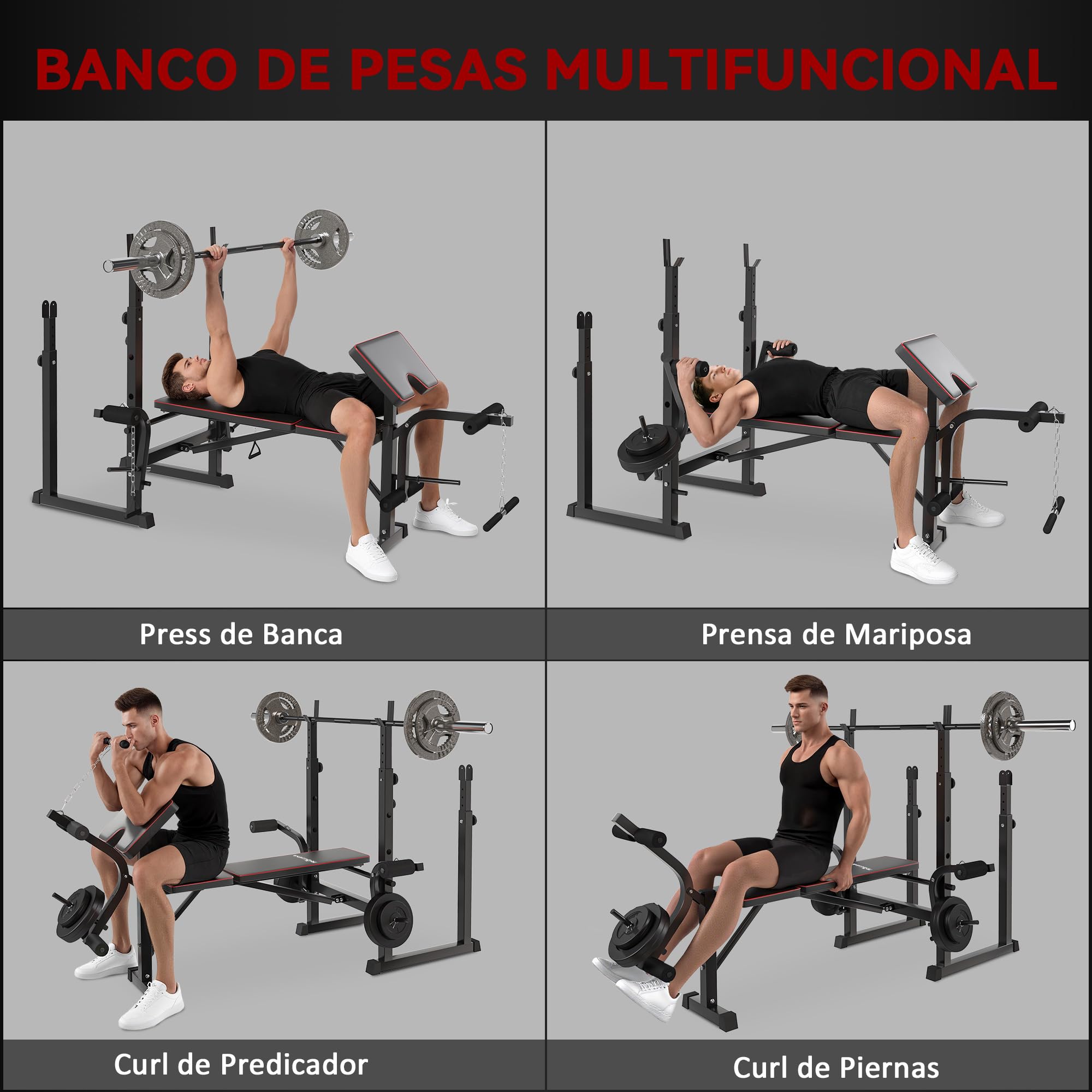 SPORTNOW Banco de Musculación Multifuncional Respaldo Ajustable Negro | Banco de Pesas Multifuncional, Press Banca, Soportes para Barra Regulables, Entrenamiento de Cuerpo, Casa, Gimnasio