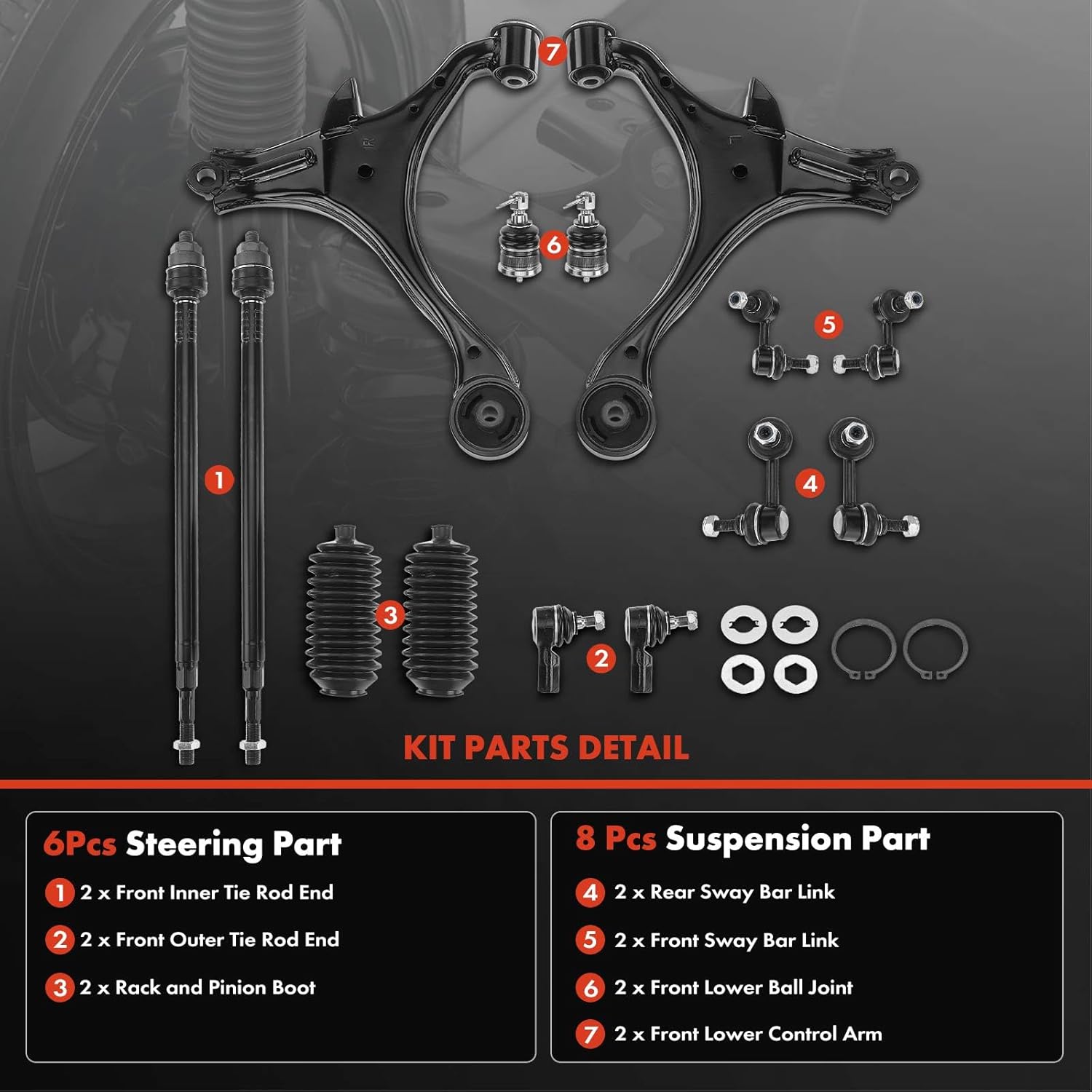 A-Premium 14Pcs Suspension Kit, Front Lower Control Arm, Lower Ball Joint, Inner Outer Tie Rod End, Front & Rear Sway Bar Link, Rack And Pinion Boot, Compatible with Honda Civic 2001-2005