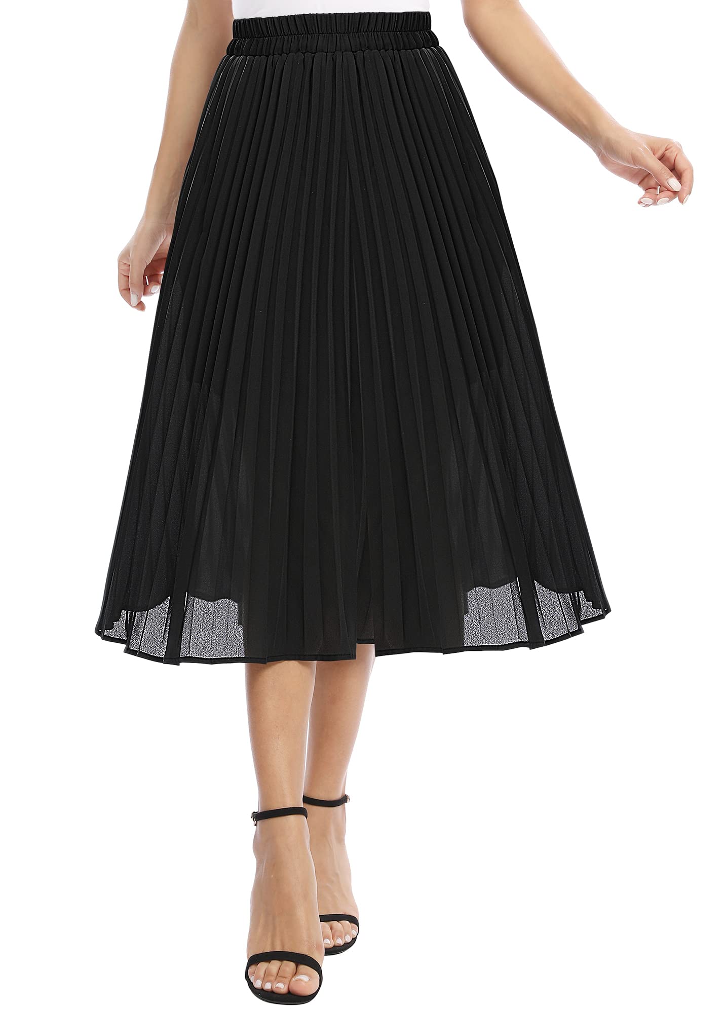 EXCHIC Donna Casuale Chiffon Elastico Vita Linea A Pieghettato Midi Gonna con Tasca
