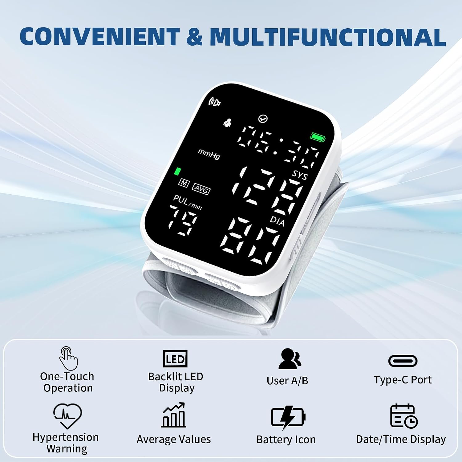 Automatic Wrist Blood Pressure Monitor Digital Rechargeable Machine Black