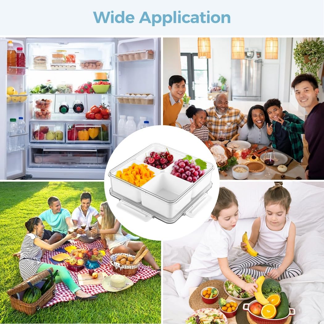Juego de 2 bandejas para verduras con tapas y 4 compartimentos extraíbles, recipientes cuadrados apilables para frutas, verduras, aperitivos, ensaladas y organización de refrigerador