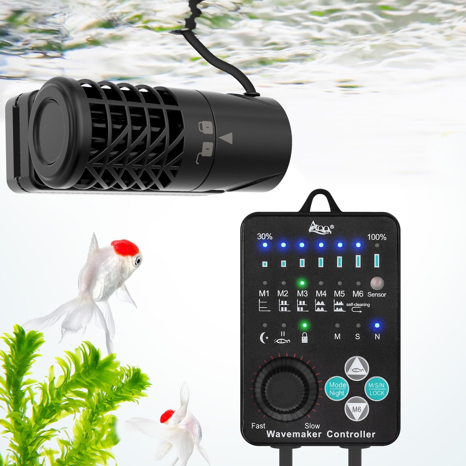 AQQA Aquarium Wave Maker Magnetic Adjustable Cross Flow Pump with Controller DC Gyre Wavemaker 1059 GPH Water Circulation Pump Powerhead for Freshwater & Marine Reef Fish Tank 15-70 Gallon (15W)