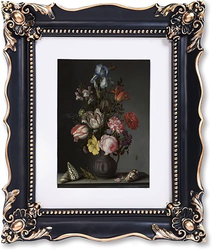 Saysmile Portarretratos vintage de 8 x 10 pulgadas con diseño de flores en relieve, marco adornado negro para fotos de 8 x 10 o 5 x 7 pulgadas con