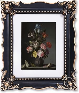 Saysmile 8x10 Vintage Picture Frame with Embossed Flower Design, Black Ornate Frame for 8x10 or 5x7 Pictures with White Mat, Hand-Crafted Resin Antique Frames for Tabletop & Wall Hanging, Home Decor Black