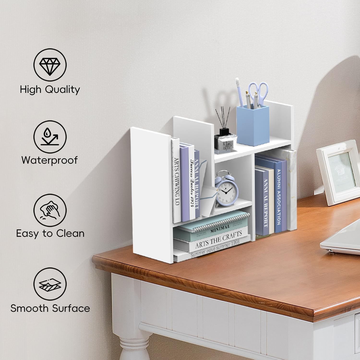 Icons indicating high quality, waterproof, easy to clean, and smooth surface features of the desk shelf.