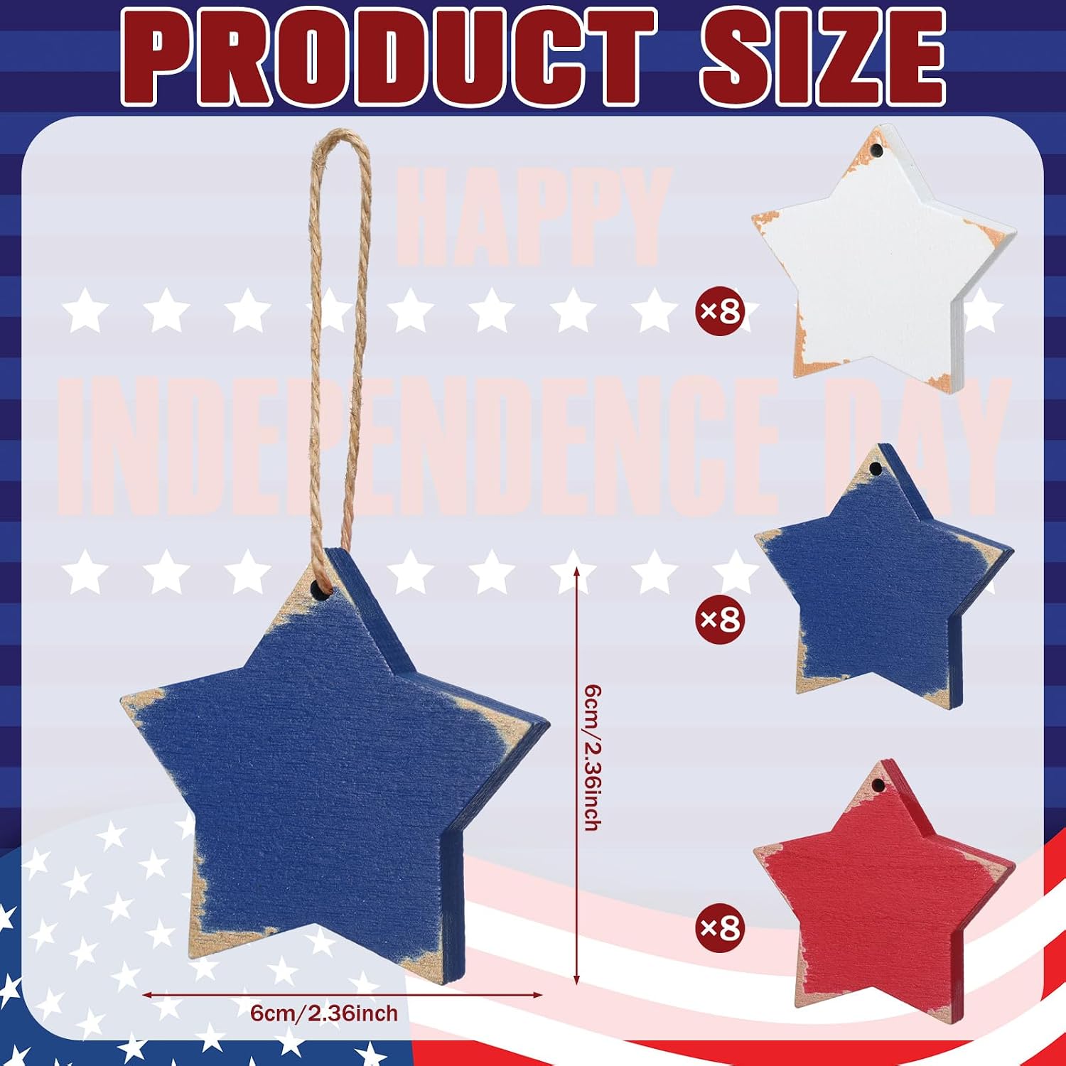Vercraft 24 Pcs Patriotic Tree Ornaments 4th of July Ornament Star for Tree Independence Day Wooden Decor Red White Blue Hanging Home Decor for 250th Anniversary Party Decoration