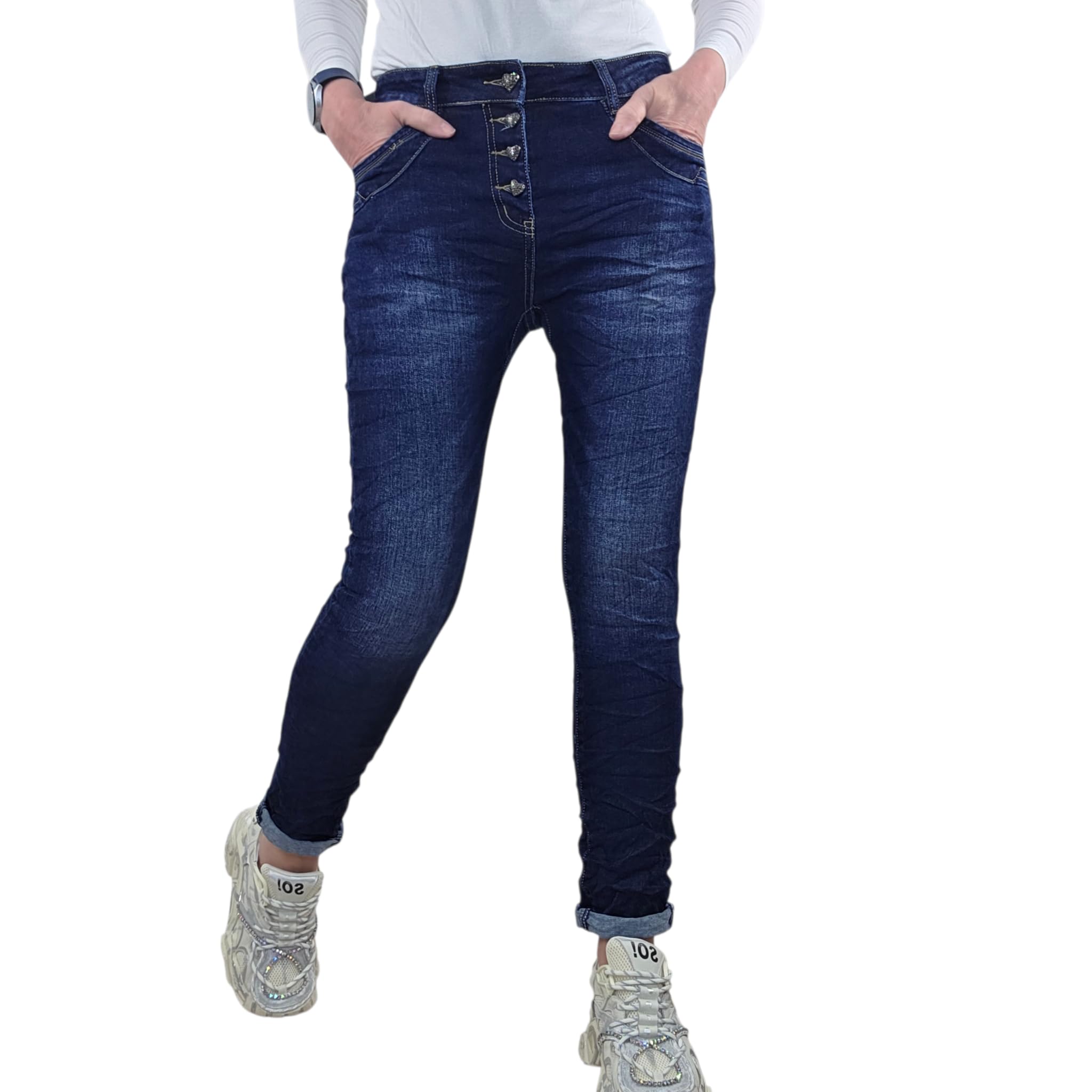 Jewelly Stretch Jeans| im Baggy Boyfriend Schnitt| Damen Hose mit dekorativer Knopfleiste| Perfekter Sitz