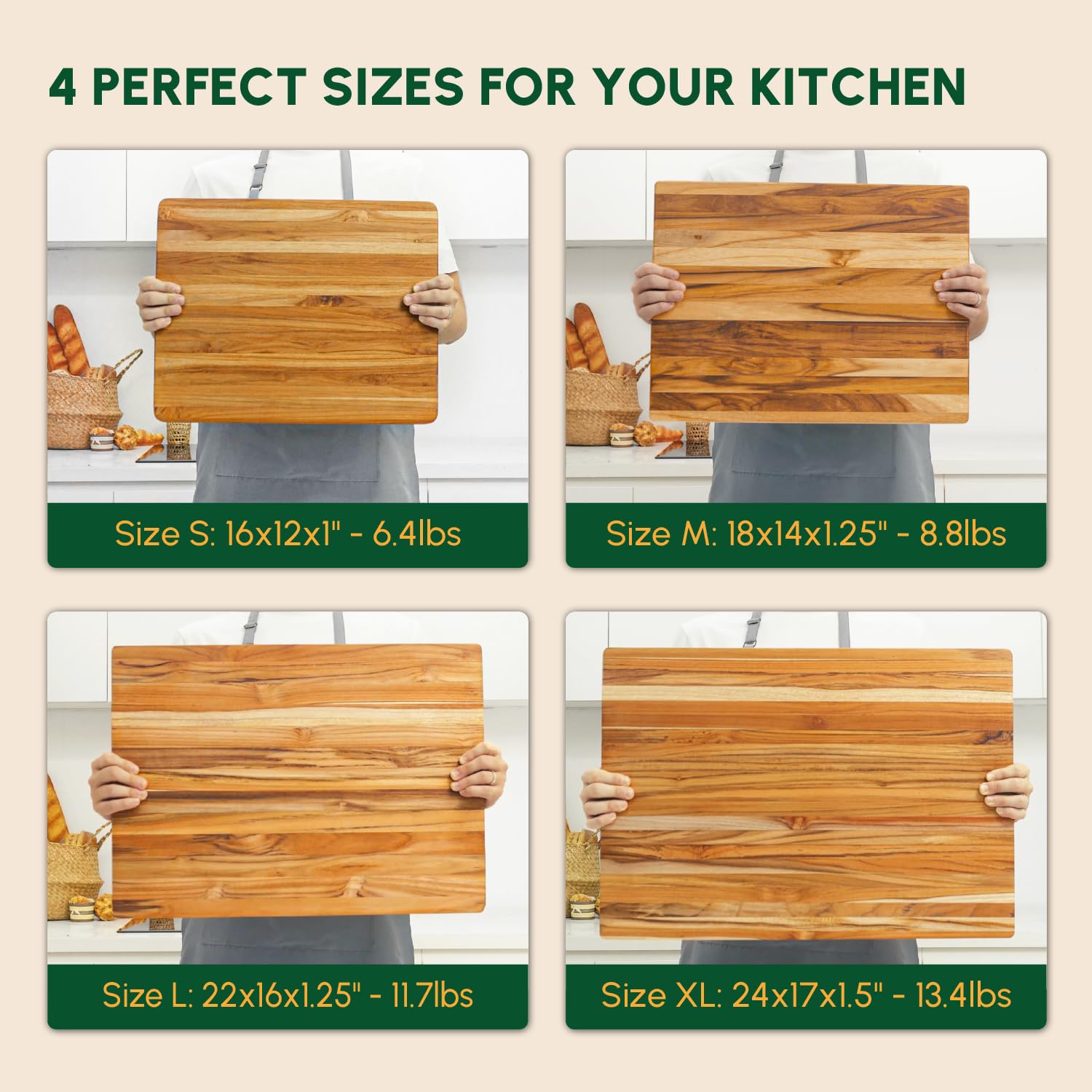 BEEFURNI Tabla de cortar de madera de teca con agarre de mano (L, 22 x 16 x 1.25 pulgadas), tablas de cortar grandes de madera para cocina, bloque de carnicero reversible, tablas de charcutería