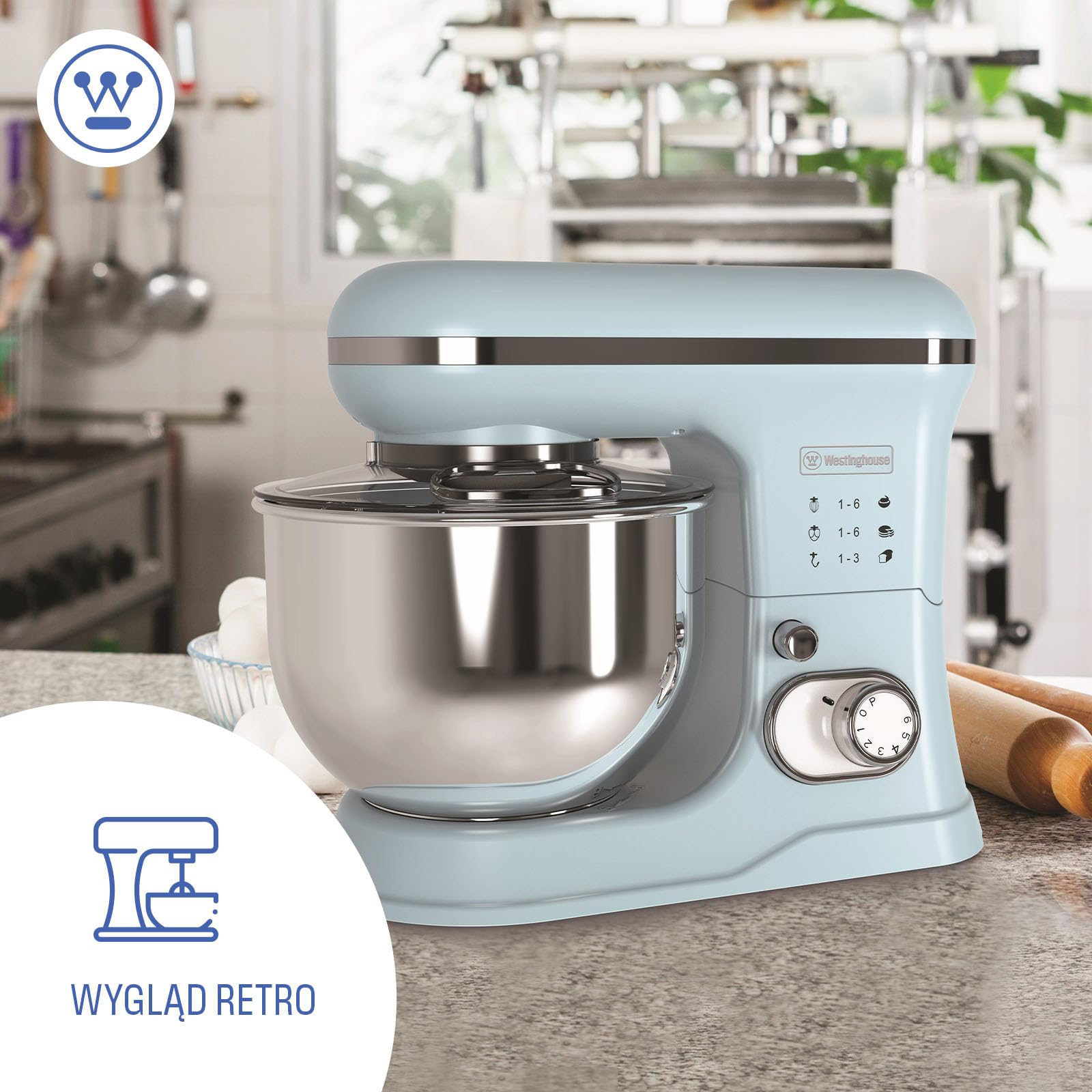 Westinghouse Retro Mikser stojący – 1200 W – Robot kuchenny 5 l Miska miksująca – Robot kuchenny – Mikser kuchenny – Robot kuchenny – Niebieski