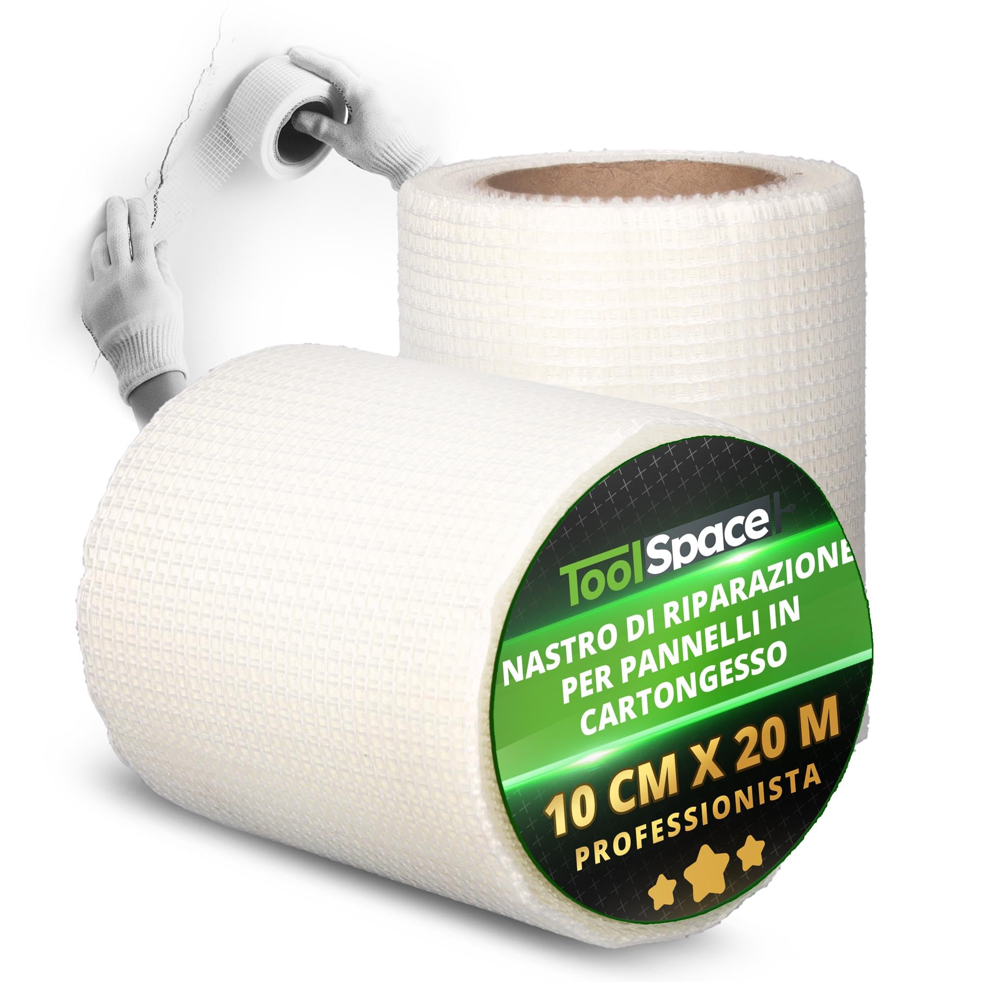 ToolSpace Nastro Fibra Vetro Cartongesso Autoadesivo 10 cm x 20 m Riparazione Crepe Muro Giunti Stuccatura Interni Rete Rinforzata Rasatura Intonaco Rinforzo Impermeabile Gesso Rasante Fessure Buchi