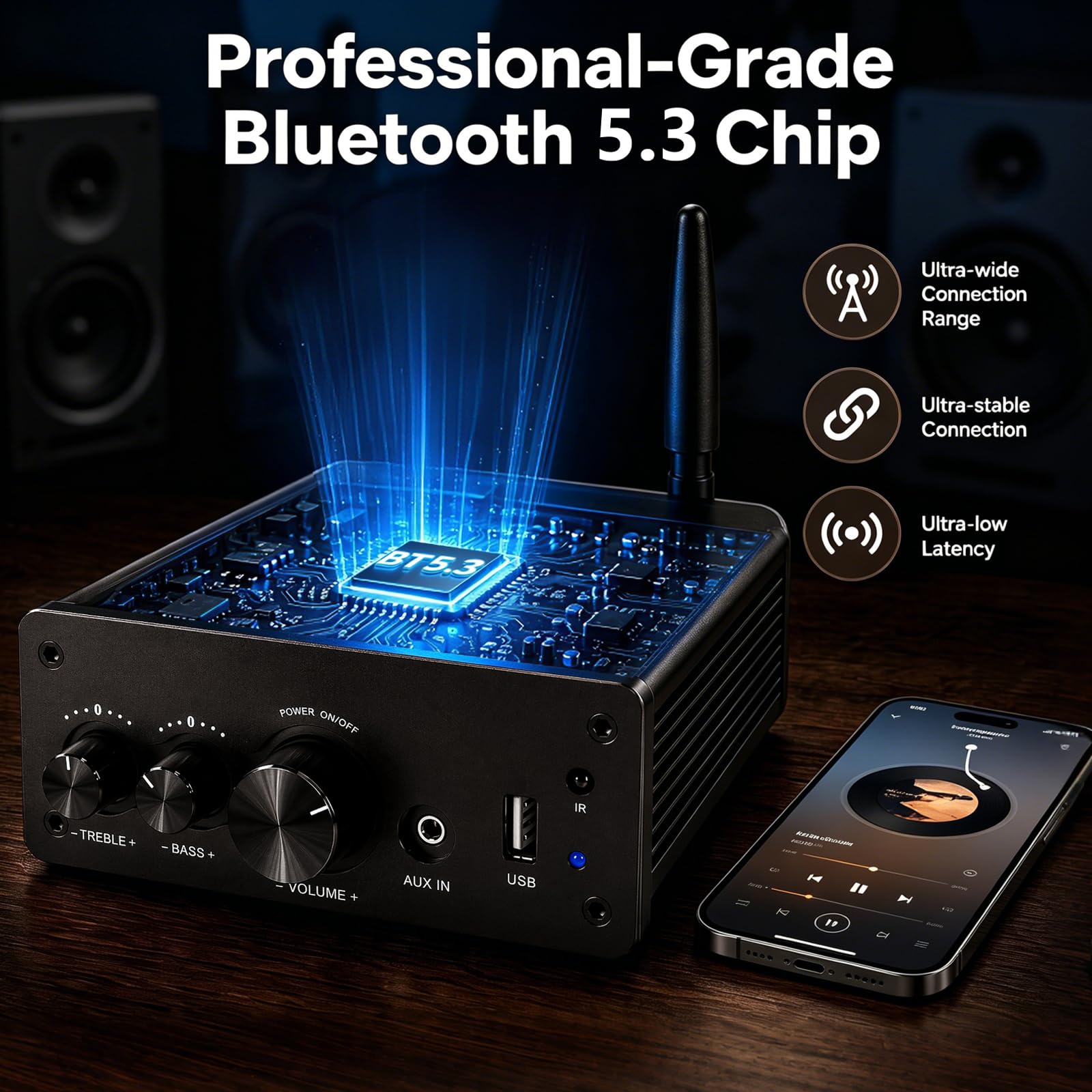 Mini Amplificatore Bluetooth HiFi con Telecomando, Amplificatore Stereo, Ingresso AUX, Uscita Audio L/R 2 Canali, 100W X2 per Diffusori by Passi Casa Audio