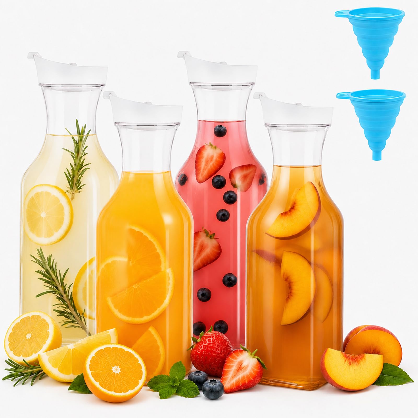 Kozdtiz 4 Pack 1.5L / 50 Oz Square Base Juice Containers, Plastic Water Carafe Pitcher with Funnel, Juice Jugs with Flip Top Lid, Mimosa Bar Supplies Pitcher for Tea Drinks