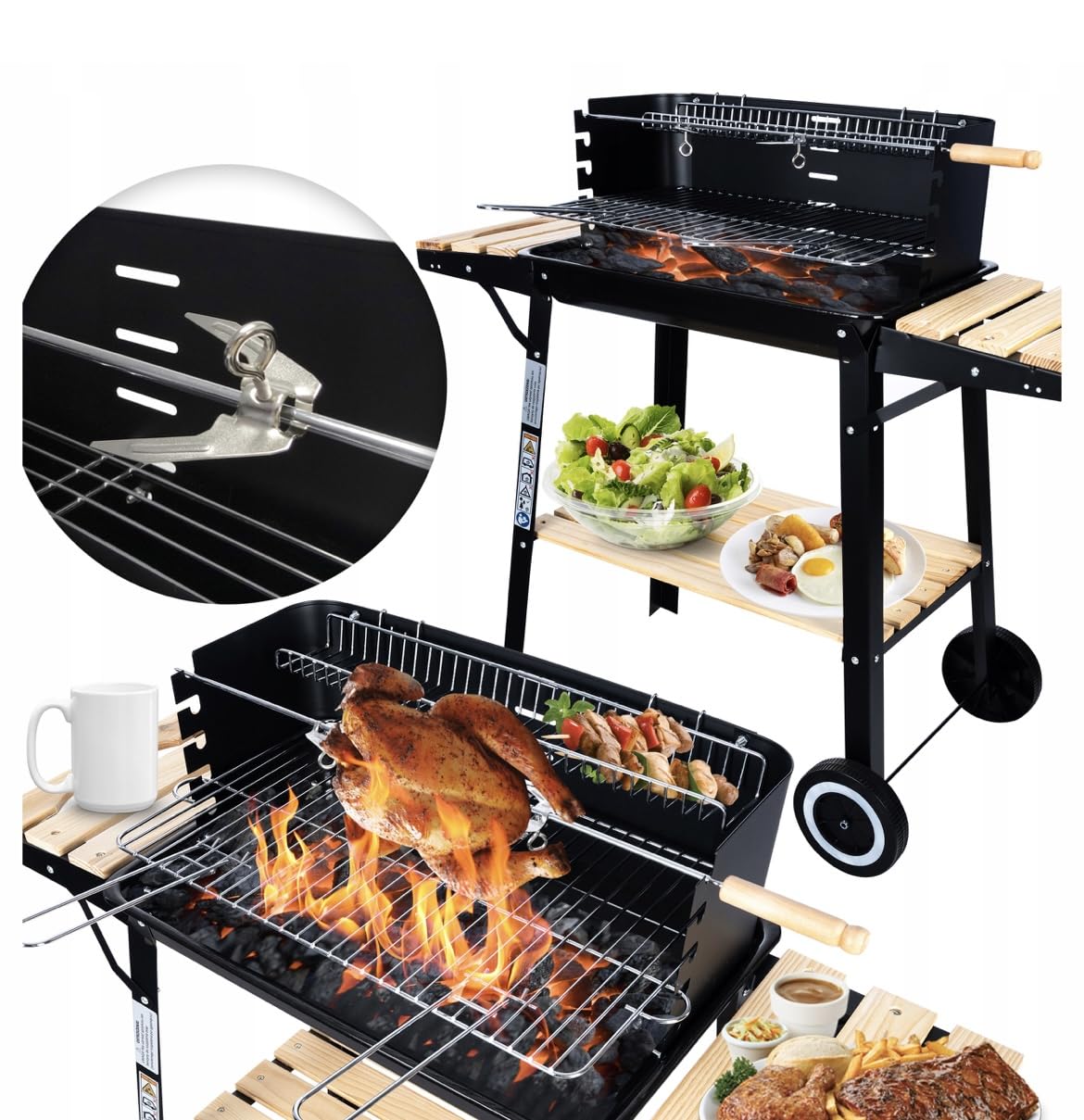 Grill ogrodowy węglowy, grill z blatem, duży grill na kółkach z rusztem na kurczaka