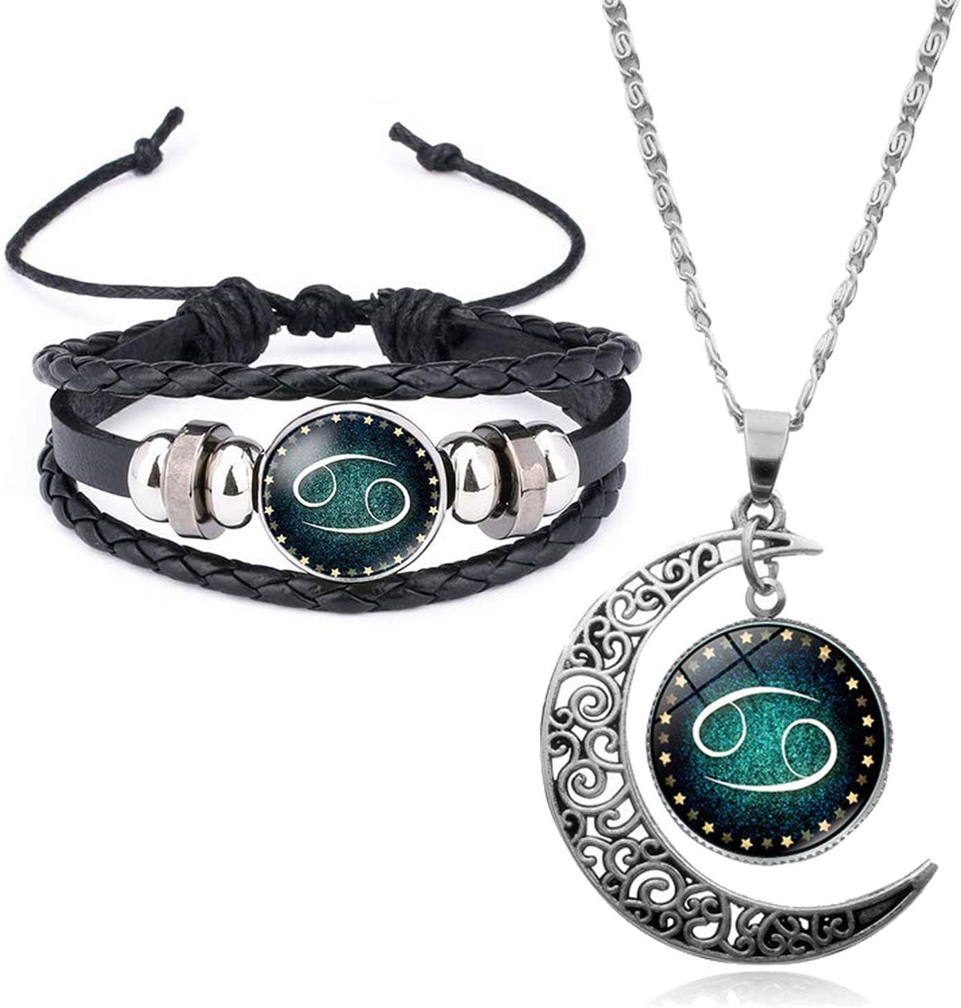 Young & ForeverGift Valentine Gift Rakhi Gift Friendship Day Gifts Specials for girlfriend valentine gifts for boyfriend zodiac sign 12 constellation silver moon princess length pendant necklace for women girl stylish trendy handmade black leather bracelet for men boy unisex (Combo of 2)