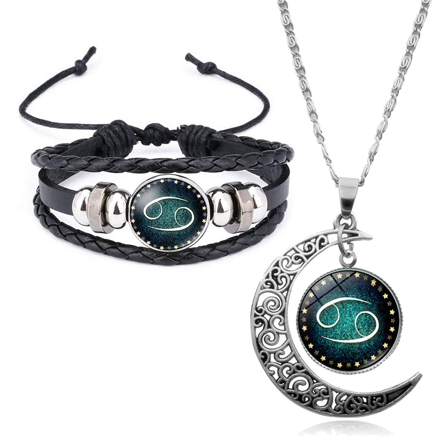 Young & ForeverGift Valentine Gift Rakhi Gift Friendship Day Gifts Specials for girlfriend valentine gifts for boyfriend zodiac sign 12 constellation silver moon princess length pendant necklace for women girl stylish trendy handmade black leather bracelet for men boy unisex (Combo of 2)