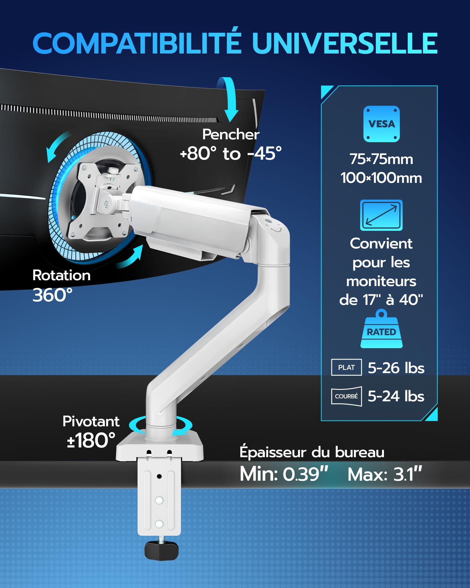 ARES WING Support de Moniteur avec USB pour écran Plat incurvé de 17" à 40"