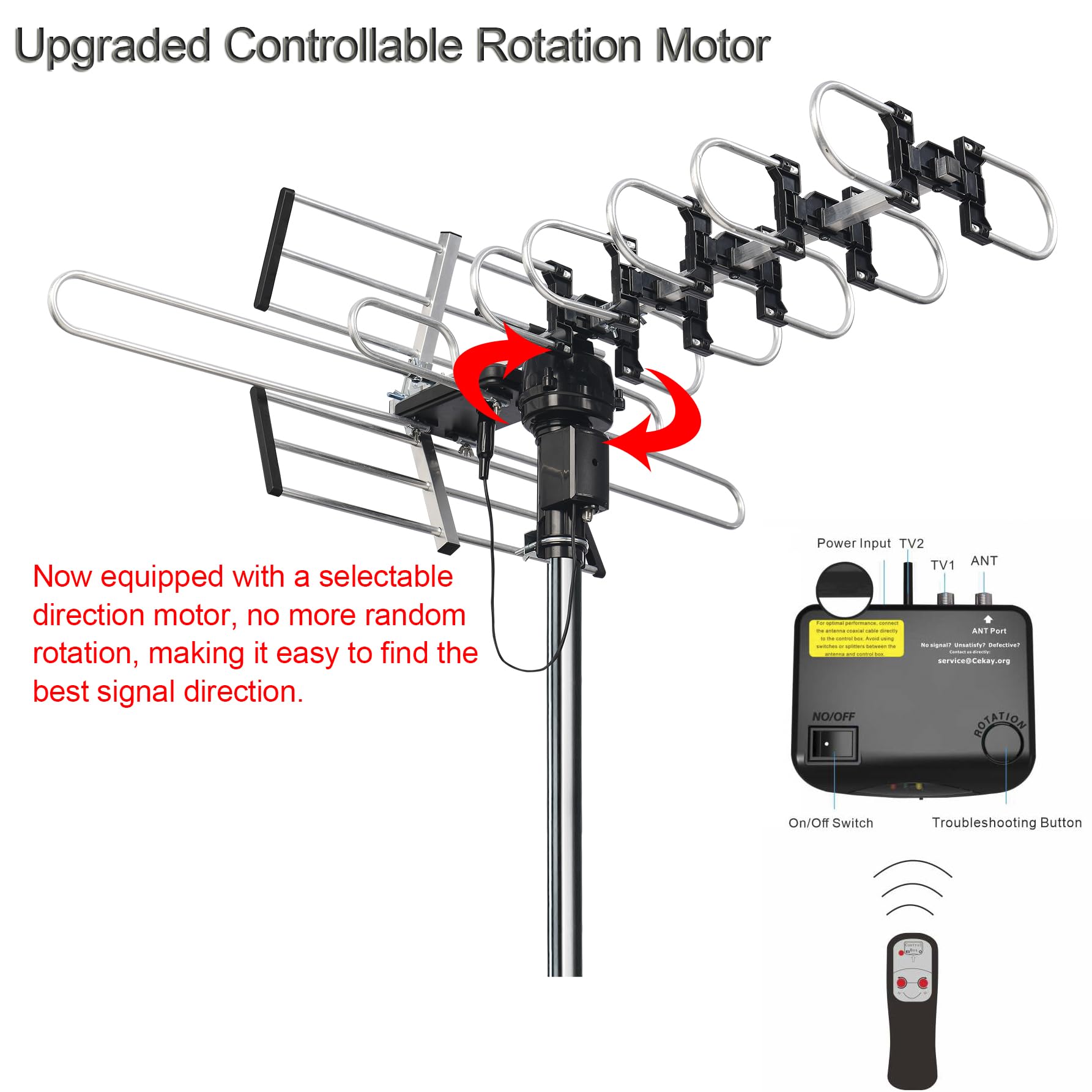 CeKay Antenna HDTV amplificata digitale esterna, antenna TV rotante controllabile a 360° con motore direzionale e telecomando, ricezione del segnale ad alto guadagno UHD-8909