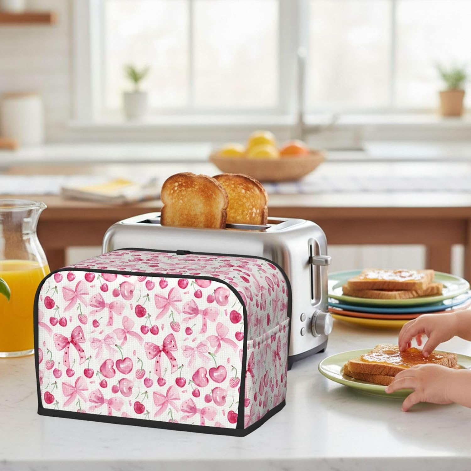 Pink Cherry Bow 2 Slice Toaster Cover, Waterproof Toaster Dust Cover Bread Machine Protector for Small Kitchen Appliance Dining Room Home Table Decor