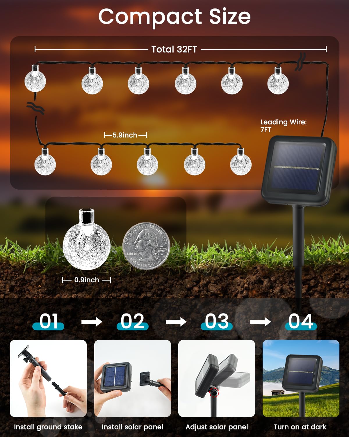 Weiße 2er-Packung 100 LED 1,8 m Kristallkugel Solar-Weihnachtslichter für den Außenbereich, wasserdichte Solar-Lichterkette für den Außenbereich, dekorativ, 8 Beleuchtungsmodi, Solar-Terrassenlichter