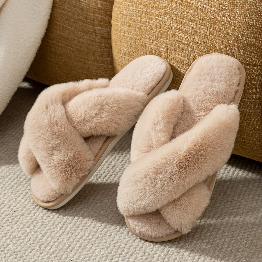 Women's Soft Indoor House Slippers Cross Band Outdoor Open Toe Fuzzy Slippers Memory Foam4