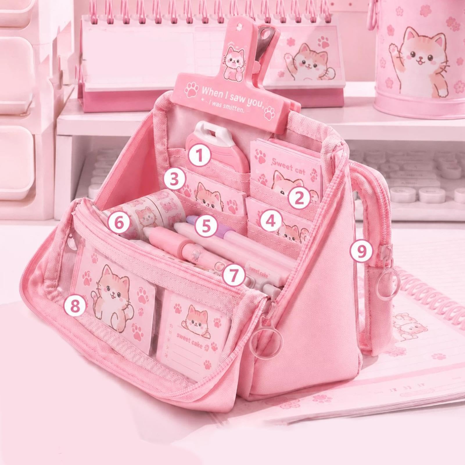 Astuccio Portamatite Con Cancelleria Set Ritorno a Scuola Gatto Stiloso | Set Di Astucci Per Bambini Per Appunti In Classe, Studio Quotidiano, Lezioni D'Arte, Esami, Compagni Di Classe