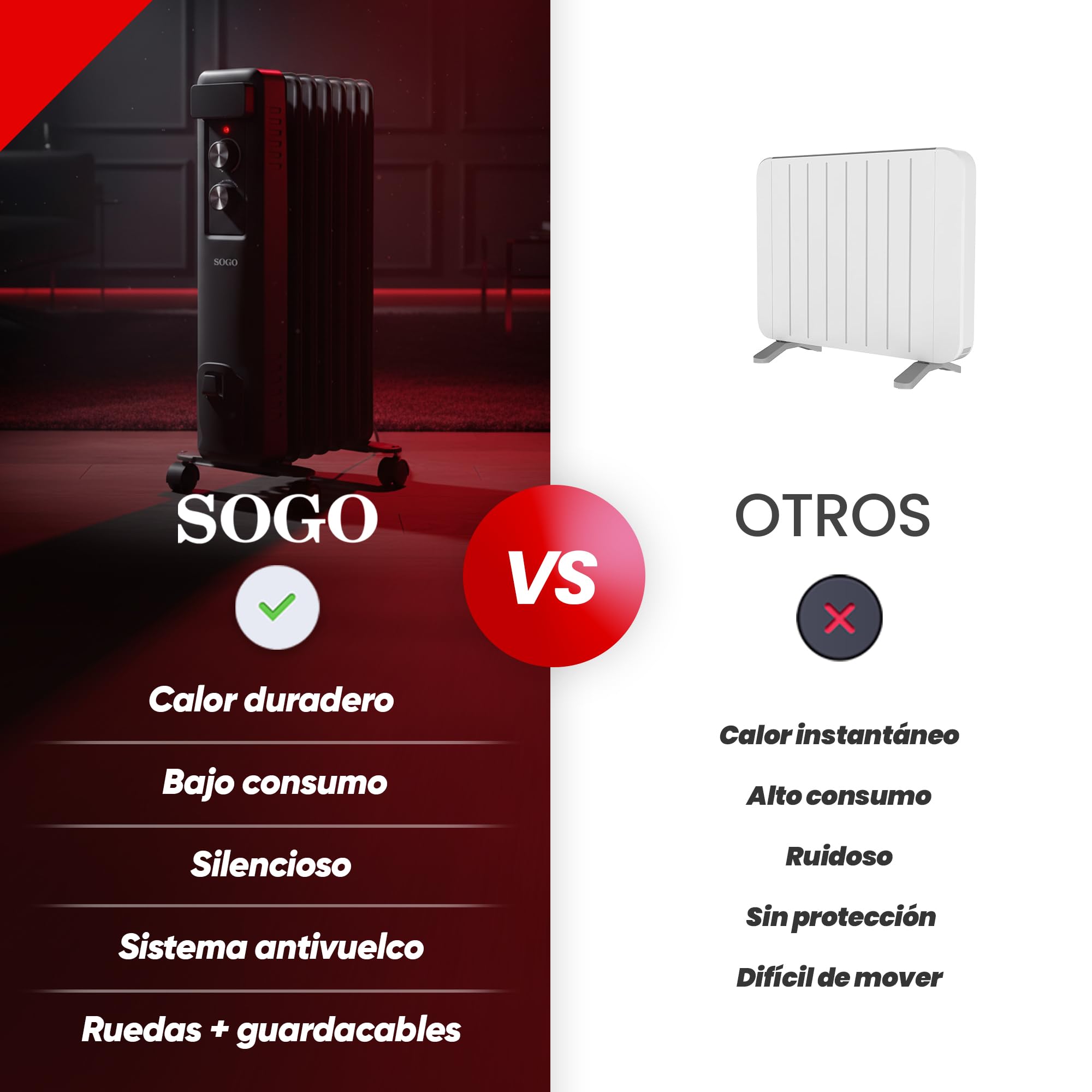 Sogo RADIADOR para hogar Estufa de Aceite de alta eficacia 7 ELEMENTOS – 1500W Negro, con ruedas (SS-18455)