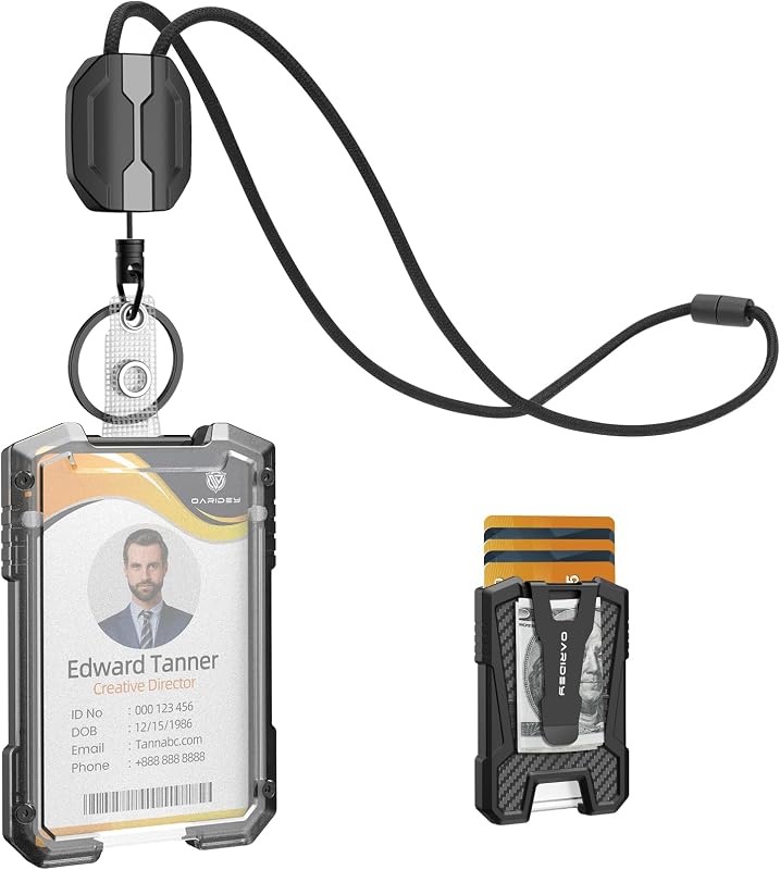 Oaridey Retractable Lanyards for ID Badges Holder, Holds 5 Cards & 10 Bills | Badge Reel with ID Card Holder, Breakaway Lanyard, Bearing 4.0 oz, Black