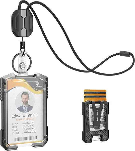 Oaridey Retractable Lanyards for ID Badges Holder, Badge Reel with ID Card Holder, Breakaway Lanyard, Holds 5 Cards and 10 Cash, Bearing 4.0 oz, Black