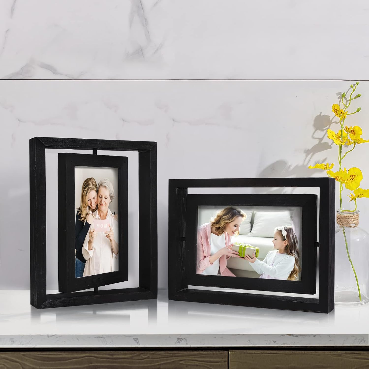 Egofine 2 Pack 4x6 Rotating Floating Picture Frames,Double-Sided Display with HD Glass for Vertical or Horizontal Tabletop Display, Black/Carbonization