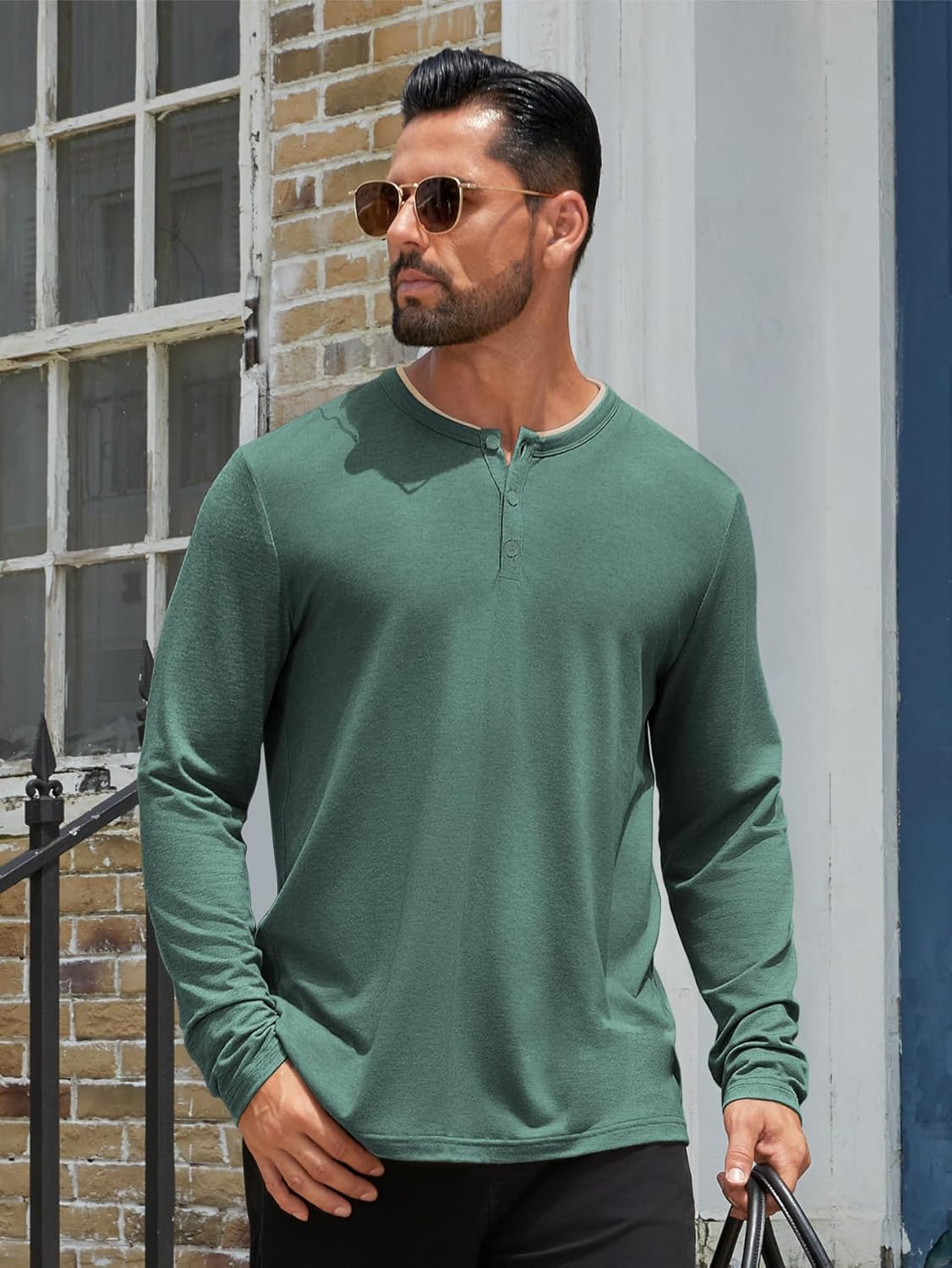 Hardaddy Men's Long Sleeve Henley Shirts Casual Color Block Henley Button T-Shirt Tops - Image 2