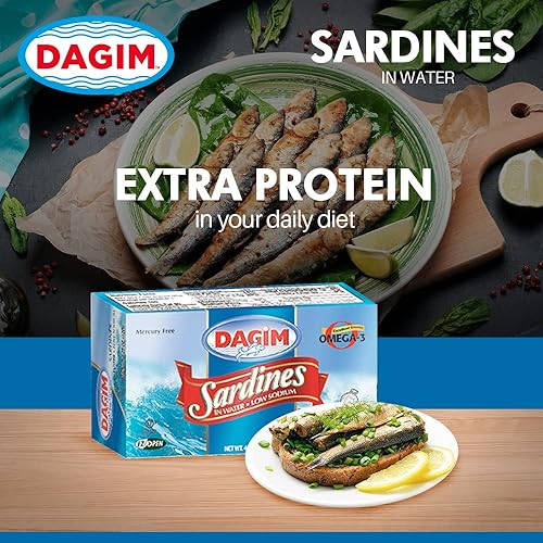 Miniatura 4 de Dagim Sardinas en agua  Pescado de sardina enlatado bajo en sodio  Gran fuente de Omega 3 Kosher para Pascua  Paquete de 12