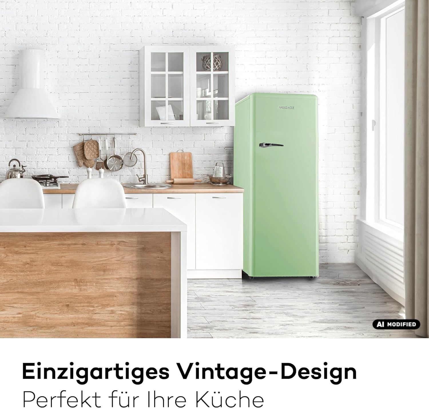 SCHOEPF – RKS245SGD Vollraum-Kühlschrank 145,6 cm – Retro Design – Grün – 238 L – LED-Beleuchtung – Höhenverst. Füße – 40 dB – Freistehend – Vintage Look - Getränkekühlschrank, Standardkühlschrank