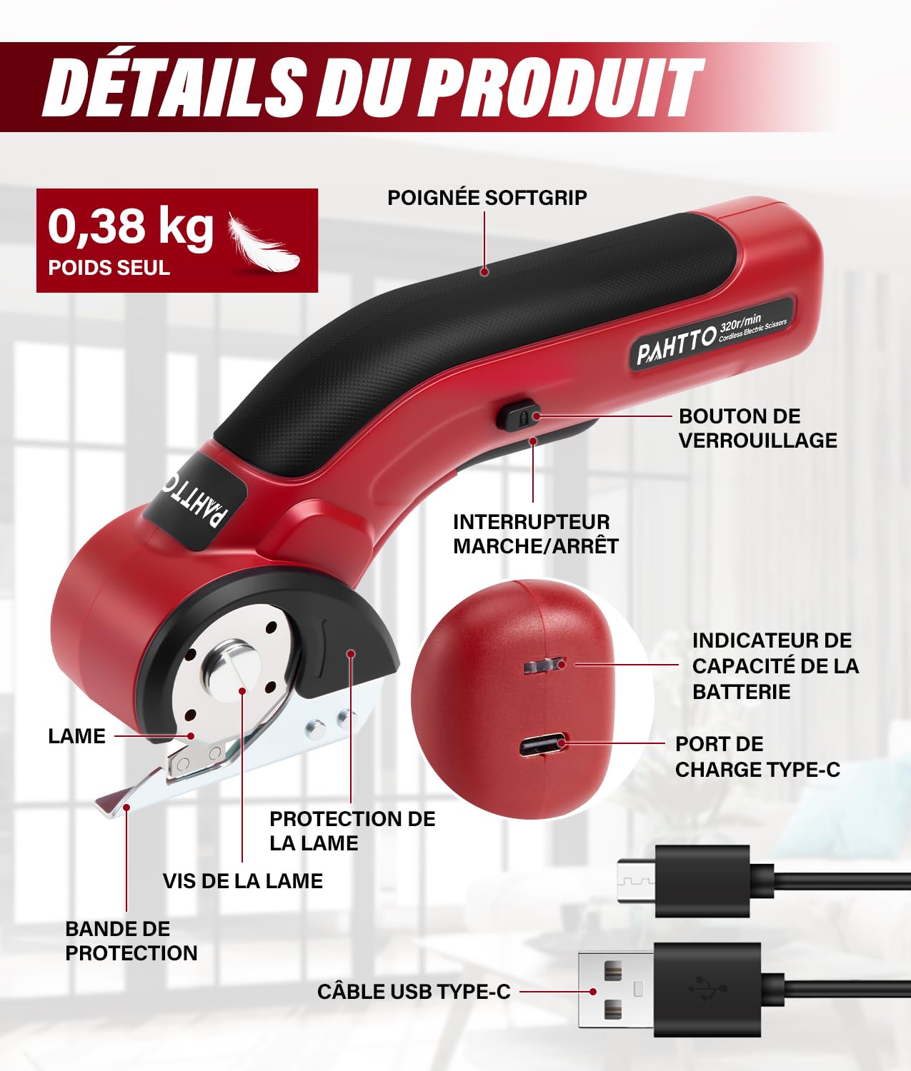 PAHTTO Cisaille électrique Coupe-carton 4 V, 320 tr/min, coupe-rouleau sans fil Coupe-tout universel avec 2 lames auto-affûtantes et chargeur, pour papier, carton, moquette, cuir, tissu (rouge)