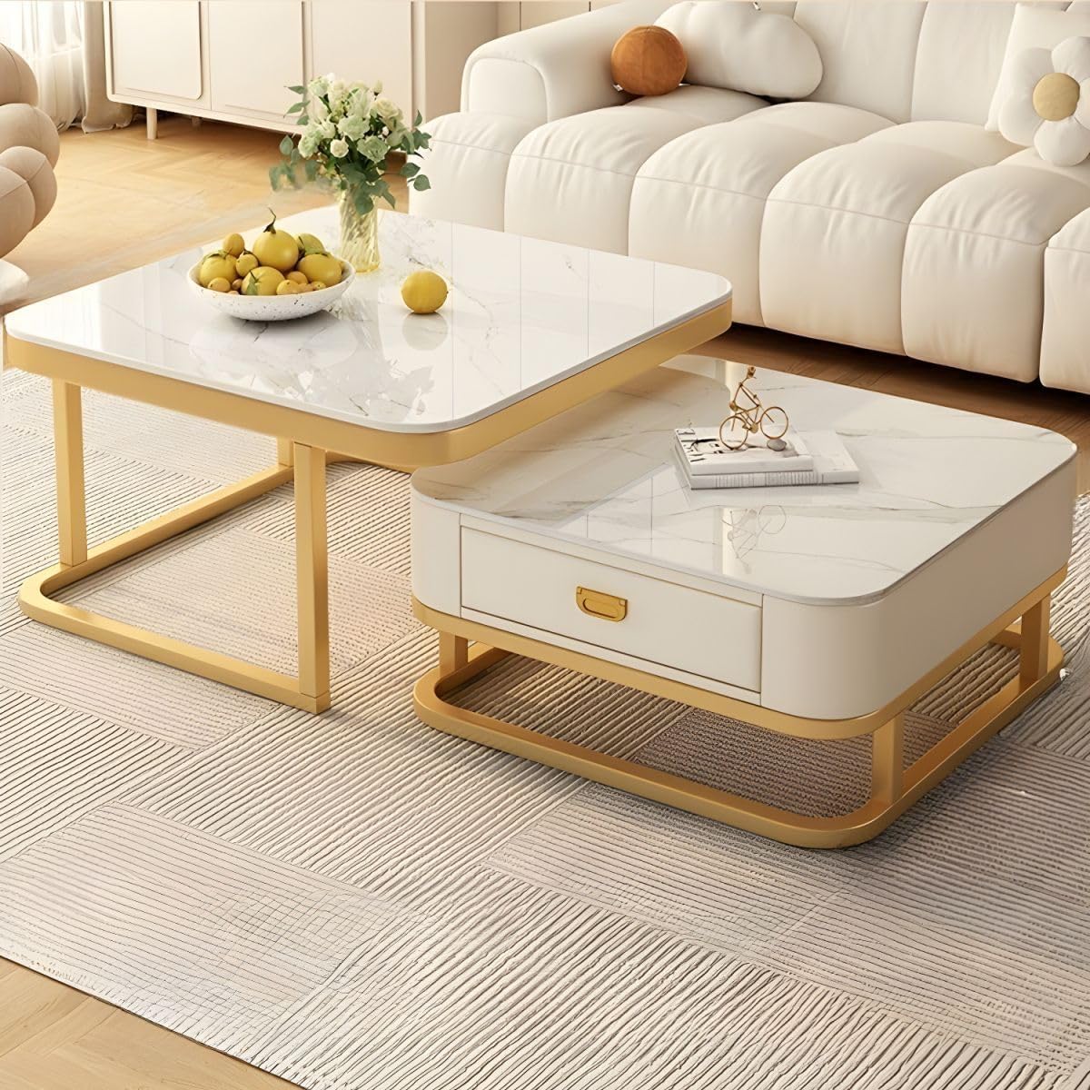 Handmade 20"x20" Drawer Square Coffee Table/Nesting Table/Side Table/Center Table with Marble Finish Top for Living Room/Drawing Room/Apartment (Gold & White)-image-29