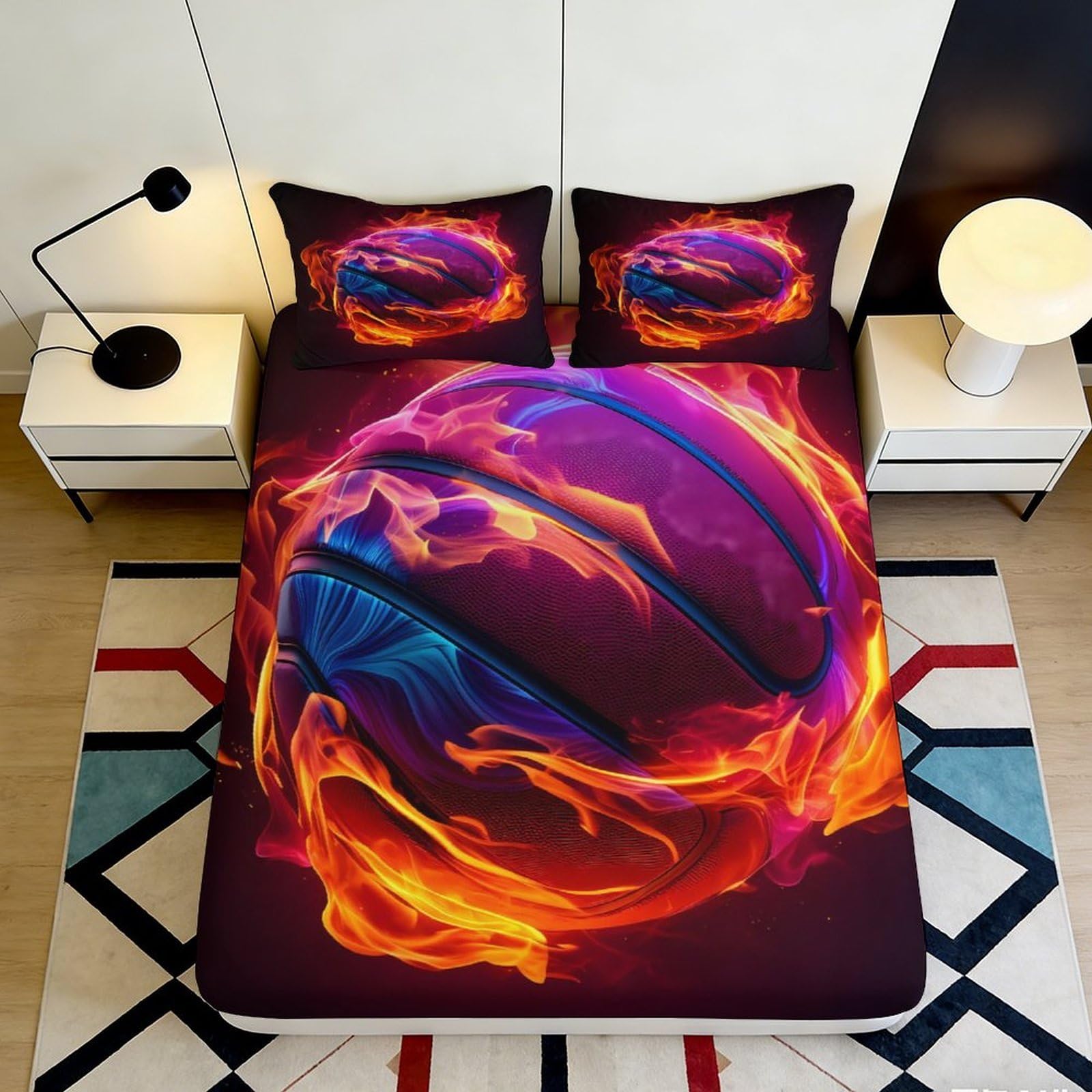 3D Printed Flaming Basketball Fitted Sheet Microfiber Soft Mattress Cover for Bedroom Guest Room Teen Decor 90x200x25cm