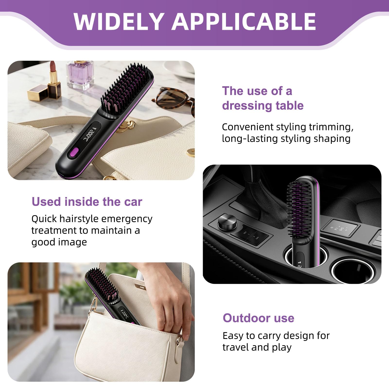 Brosse Chauffante Sans Fil Portable Mini Lisseur Cheveux Court Barbe | avec 3 Températures affichage LCD Peigne Lissant Céramique Anti-Brûlure pour Voyage Retouches Rapides Femme All Hair Type